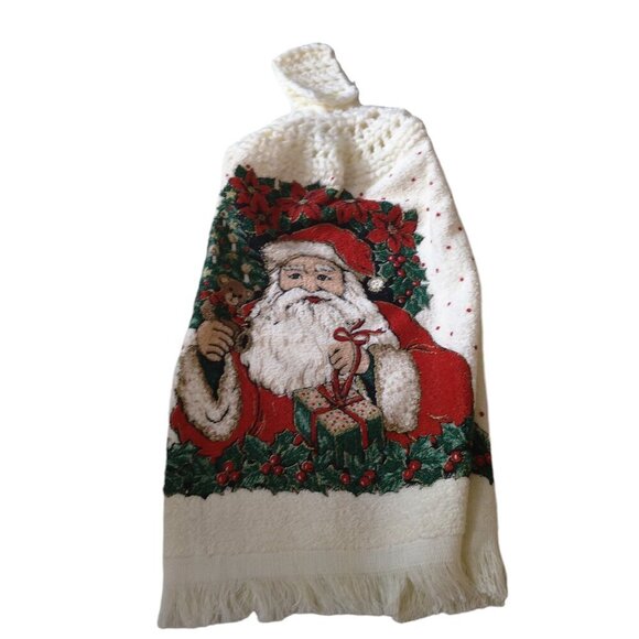 Vintage Christmas Santa Stove Hanging Crochet Top Towel Holiday Kitchen NEW CB2 - Picture 1 of 4